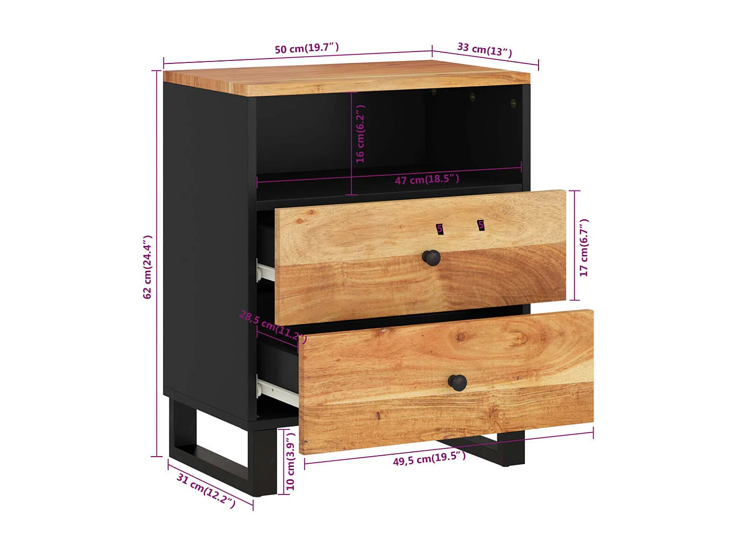 Glynnor  Nachttisch 50x33x62 cm Massivholz Akazie & Holzwerkstoff