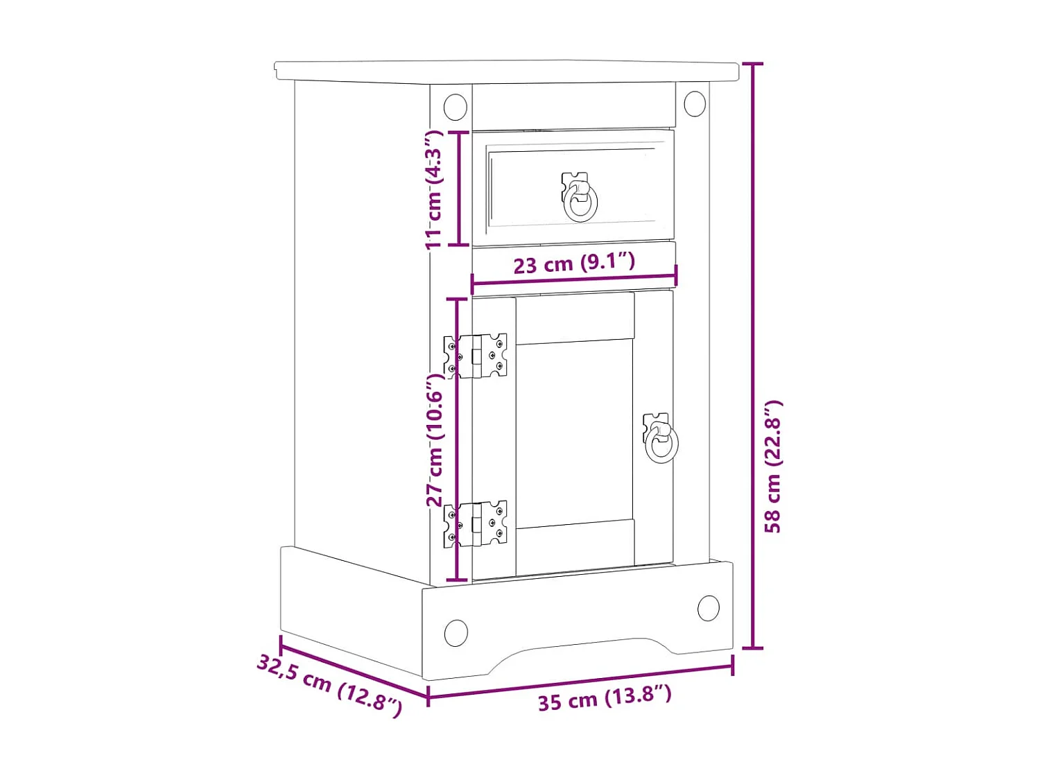 Prolenta Premium -  Mesita de noche Corona madera maciza de pino 35x32,5x58 cm