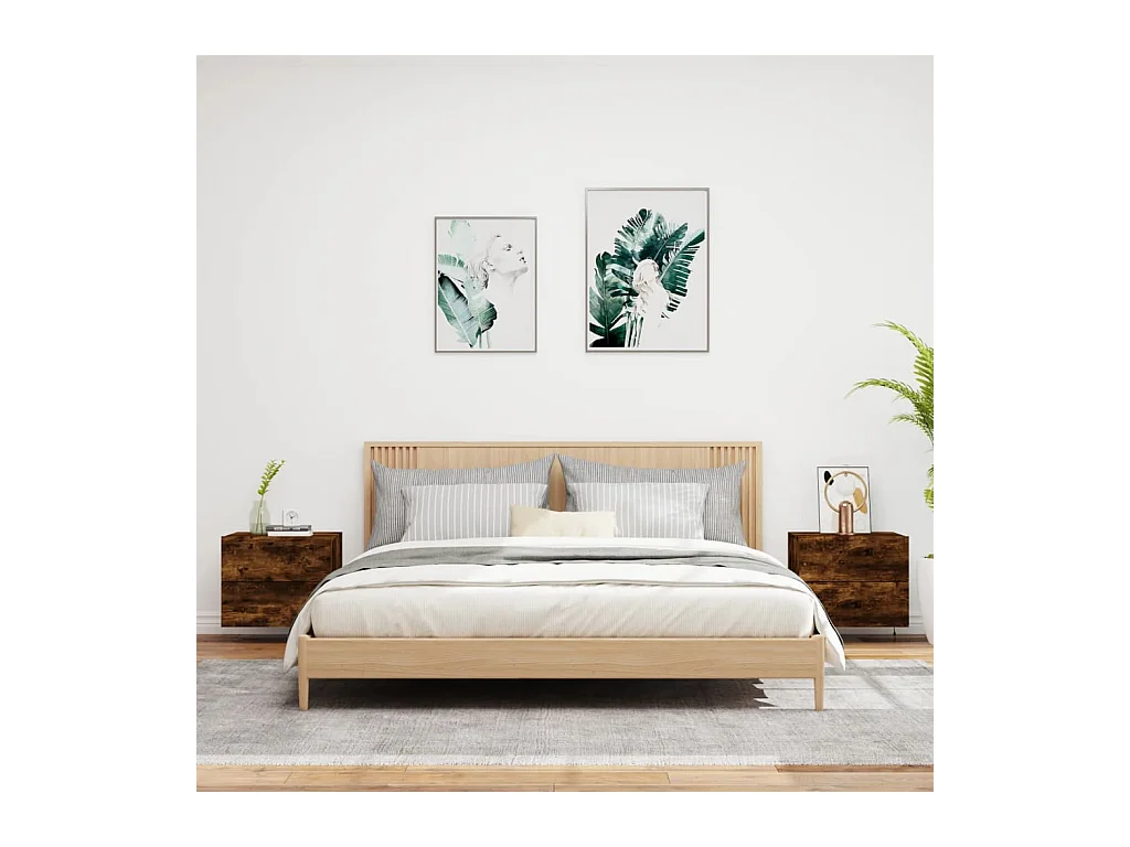 Rhylan  Tables de chevet murales avec lumières LED 2 pcs chêne fumé