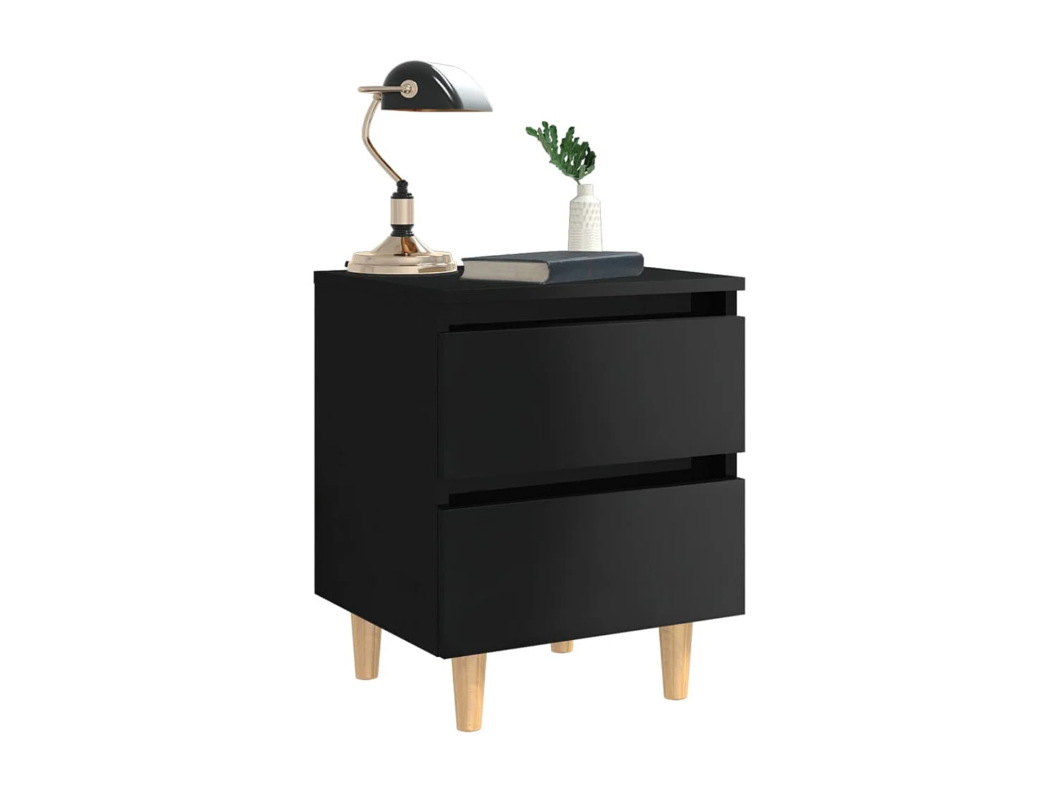 Kutztown  Comodino con Gambe in Pino Massello Nero Lucido 40x35x50 cm