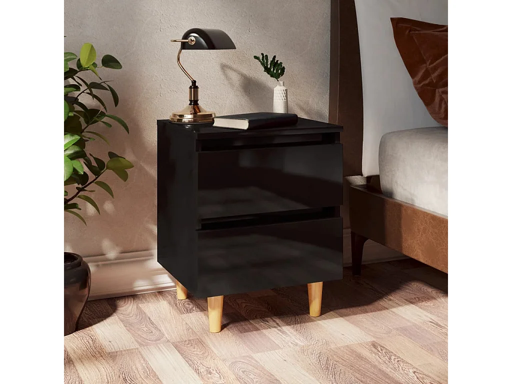 Kutztown  Comodino con Gambe in Pino Massello Nero Lucido 40x35x50 cm