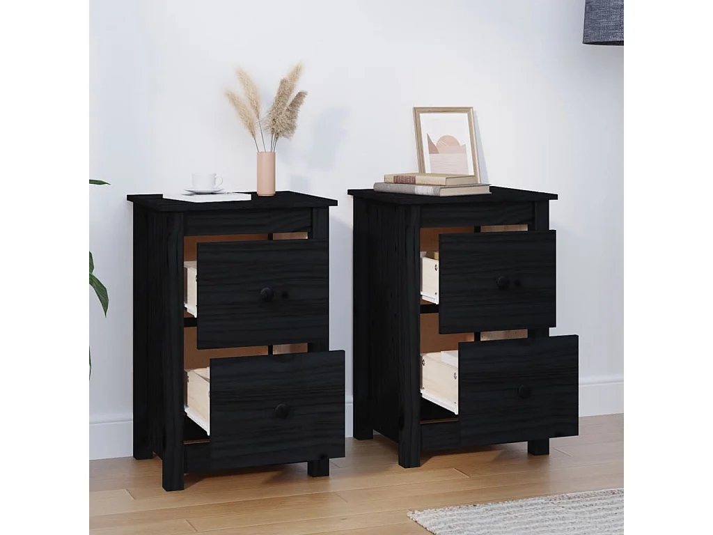 Rida  Nachttische 2 Stk. Schwarz 40x35x61,5 cm Massivholz Kiefer