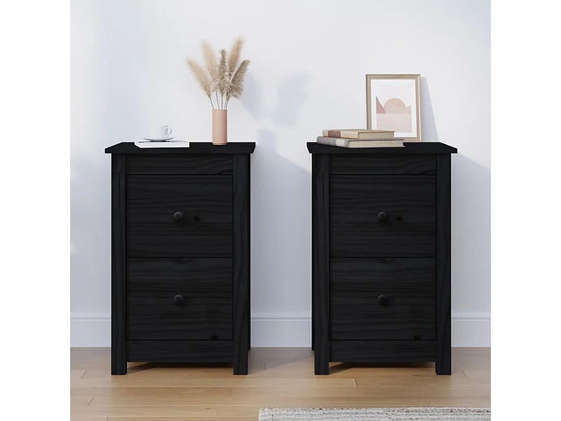 Rida  Comodini 2 pz Nera 40x35x61,5 cm in Legno Massello di Pino