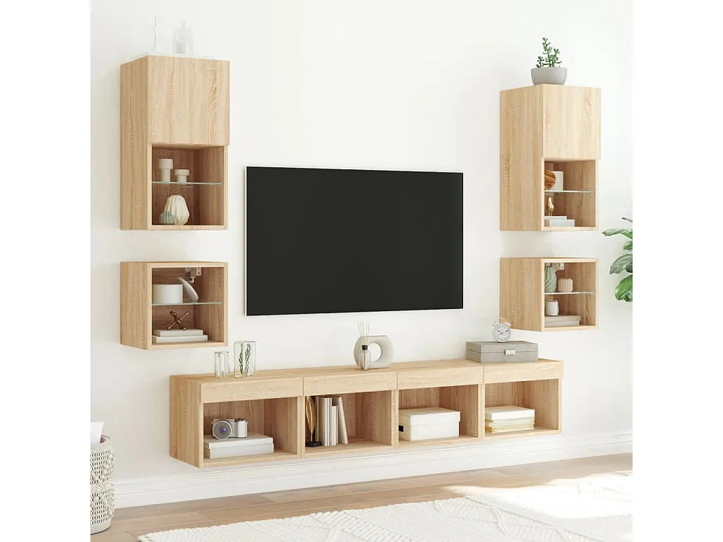 Mano  Table de chevet murale avec lumières LED chêne sonoma