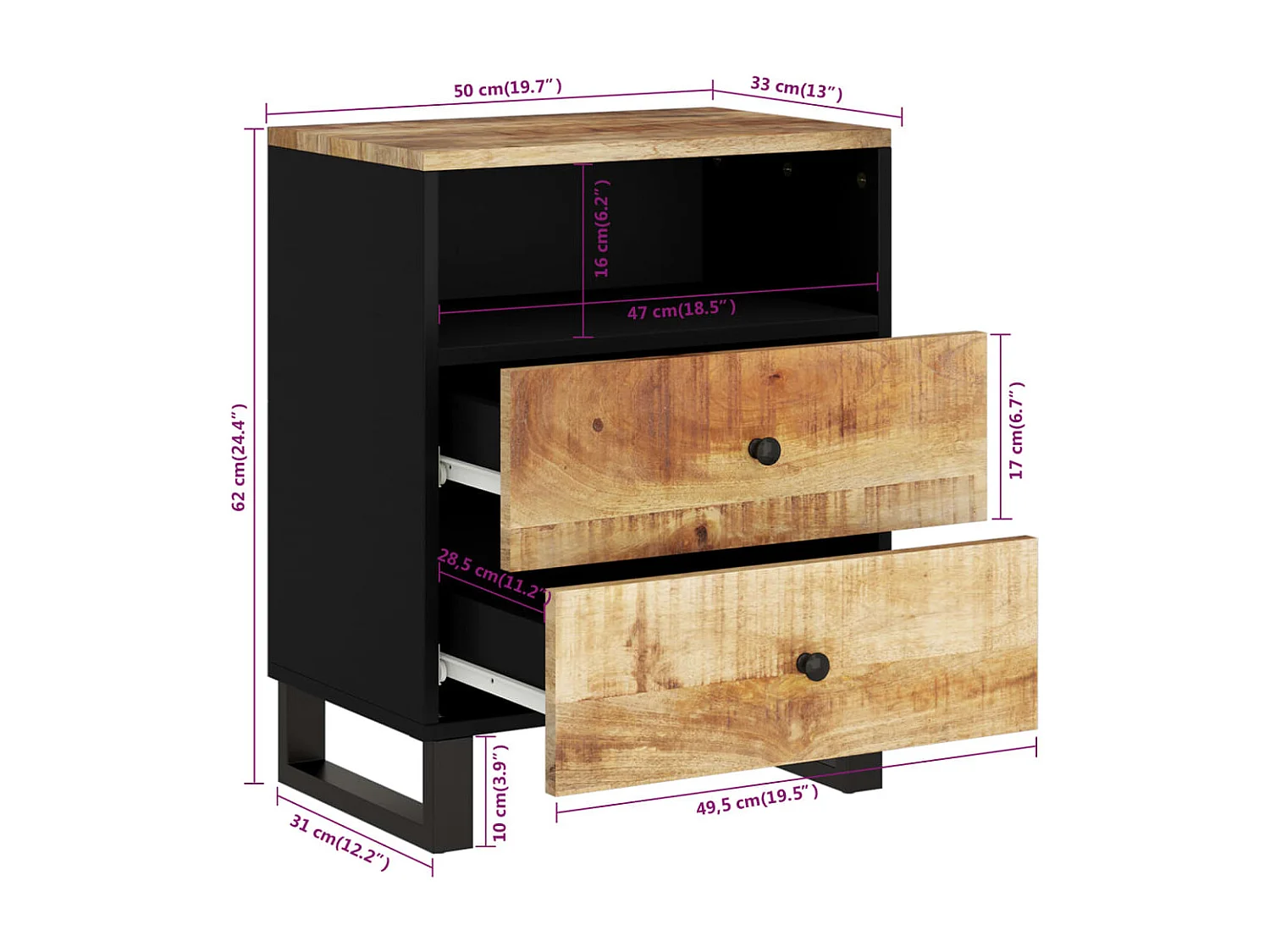 Glynnor  Mesita de noche madera mango madera contrachapada 50x33x62 cm