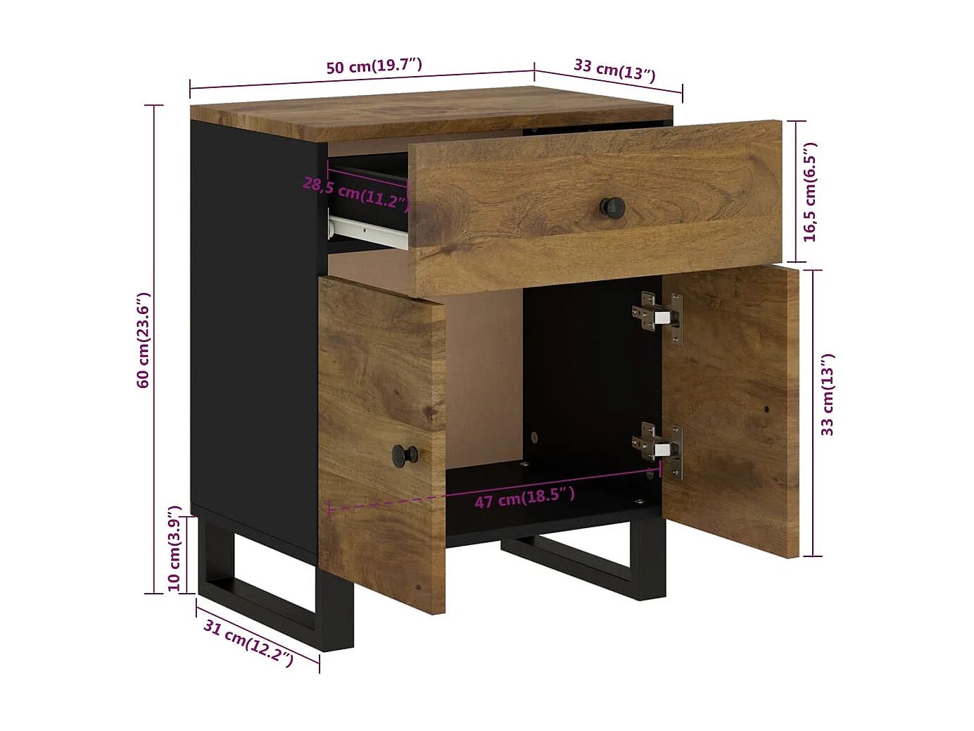 Bondy  Table de chevet 50x33x60 cm Bois de manguier et d'ingénierie