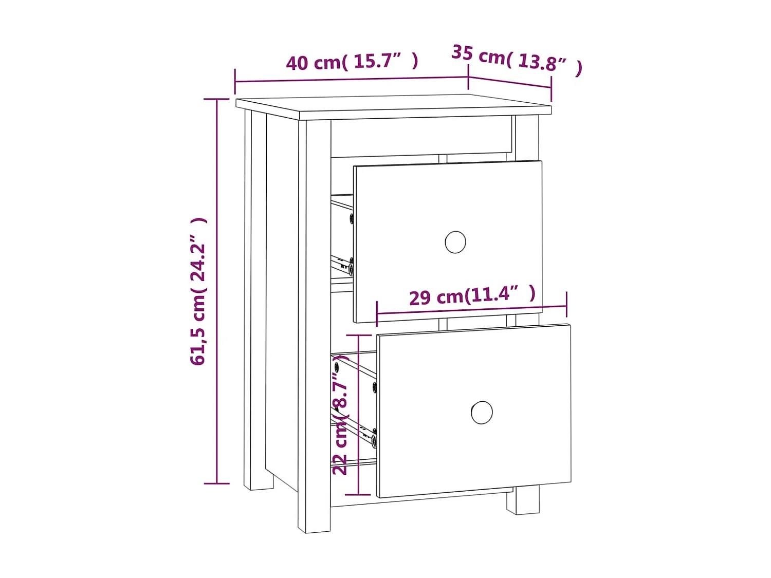 Rida  Comodino 40x35x61,5 cm in Legno Massello di Pino