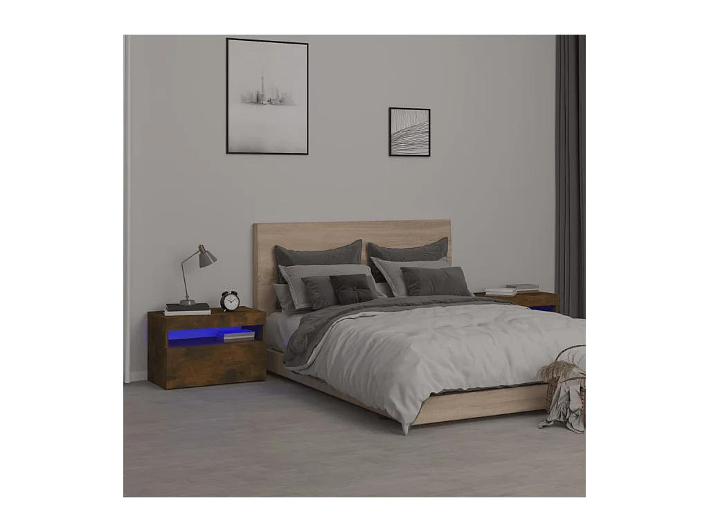 Beeville  Tables de chevet 2 pcs et lumières LED Chêne fumé 60x35x40 cm