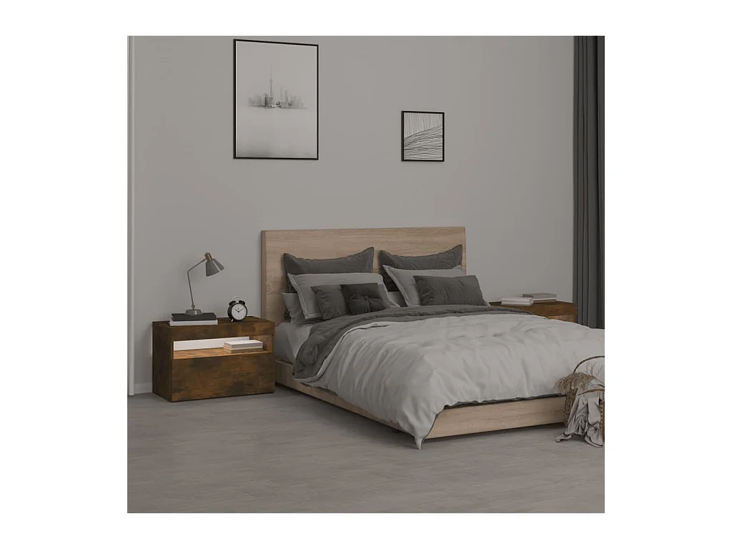 Beeville  Tables de chevet 2 pcs et lumières LED Chêne fumé 60x35x40 cm