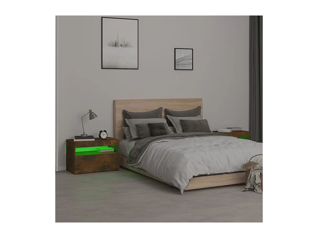 Beeville  Tables de chevet 2 pcs et lumières LED Chêne fumé 60x35x40 cm