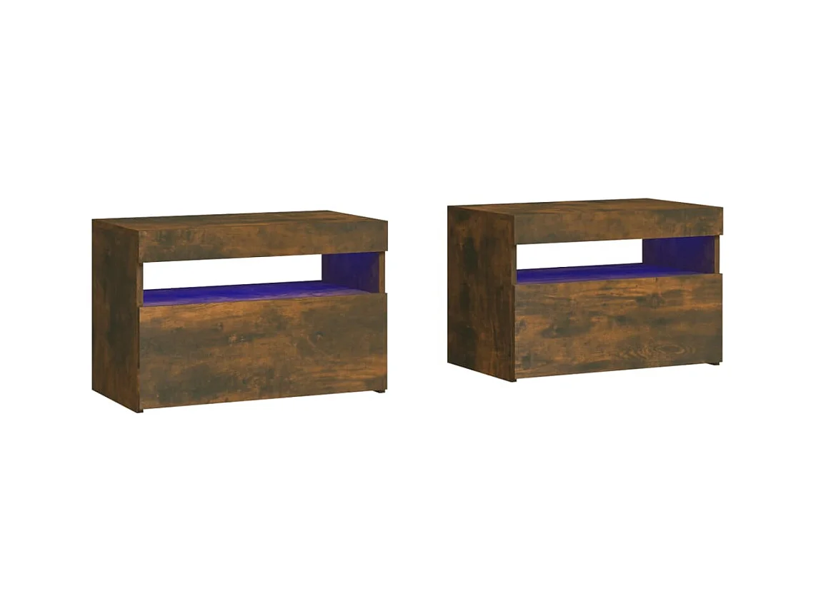 Beeville  Tables de chevet 2 pcs et lumières LED Chêne fumé 60x35x40 cm