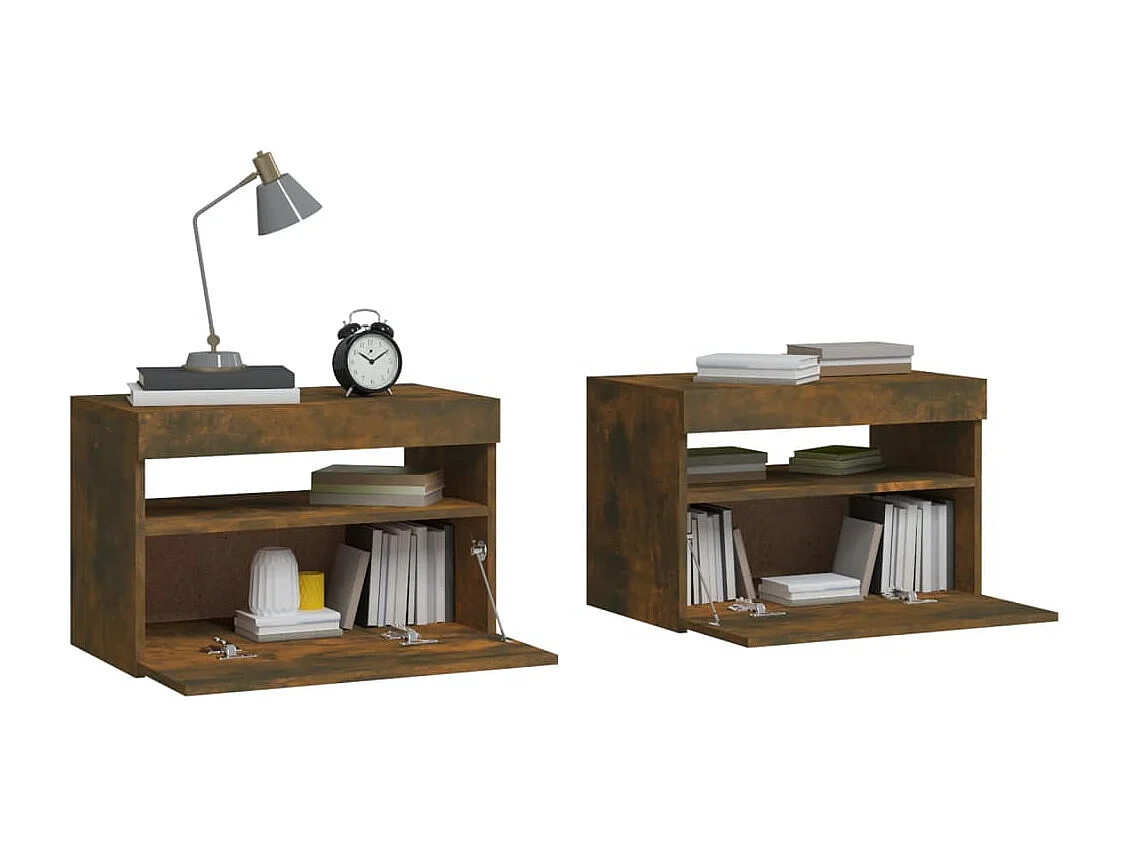 Beeville  Tables de chevet 2 pcs et lumières LED Chêne fumé 60x35x40 cm