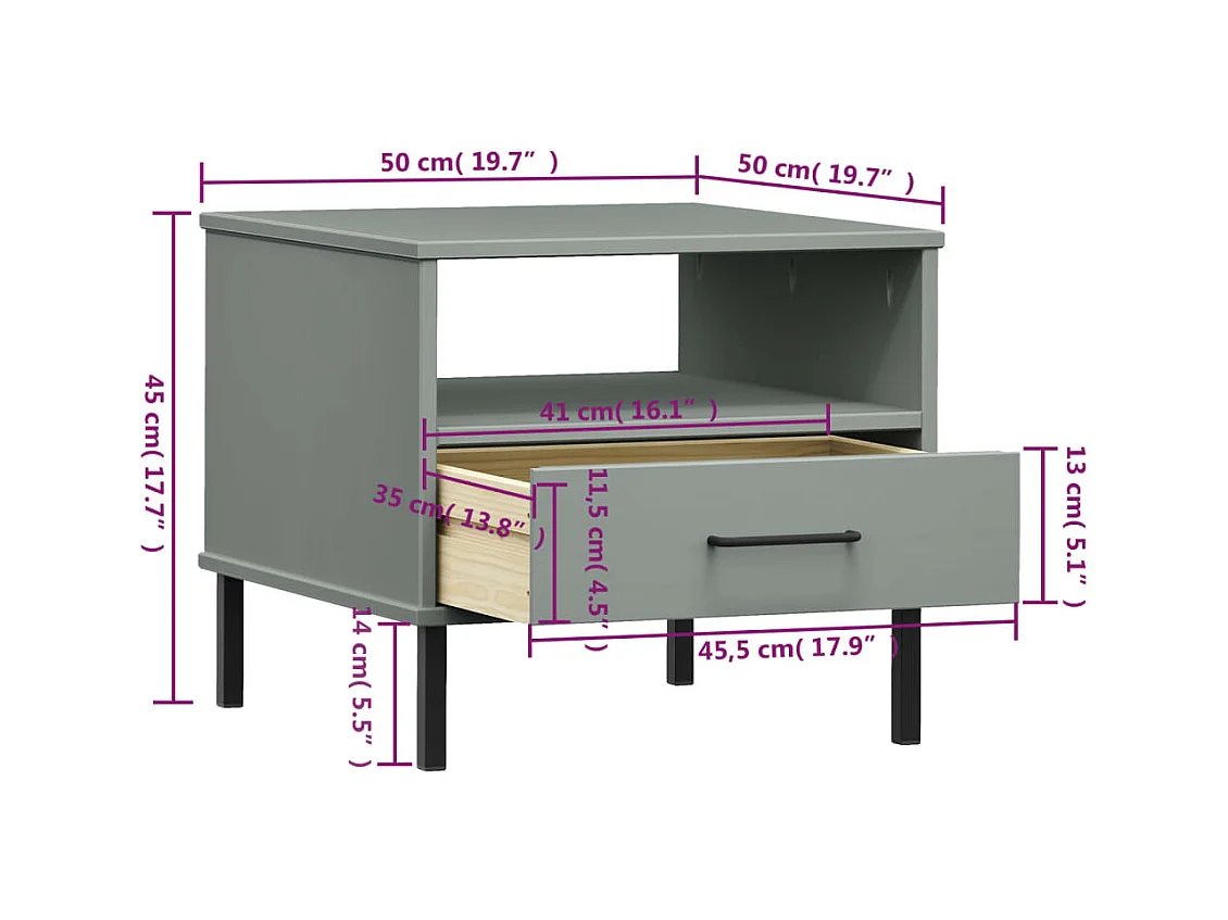 Jacques-Gilbert  Table de chevet avec pieds en métal Gris Bois pin massif OSLO