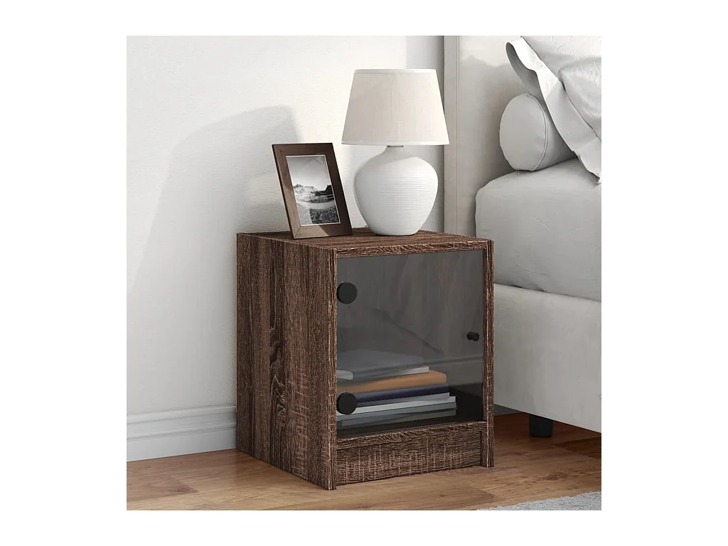 Butte  Table de chevet avec porte en verre chêne marron 35x37x42 cm