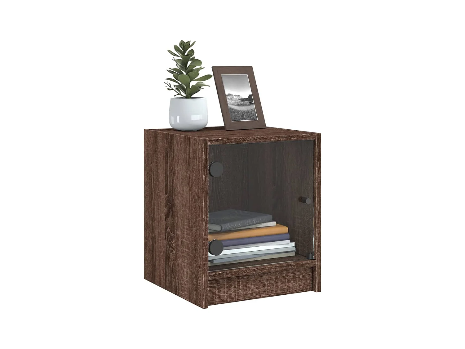 Butte  Table de chevet avec porte en verre chêne marron 35x37x42 cm