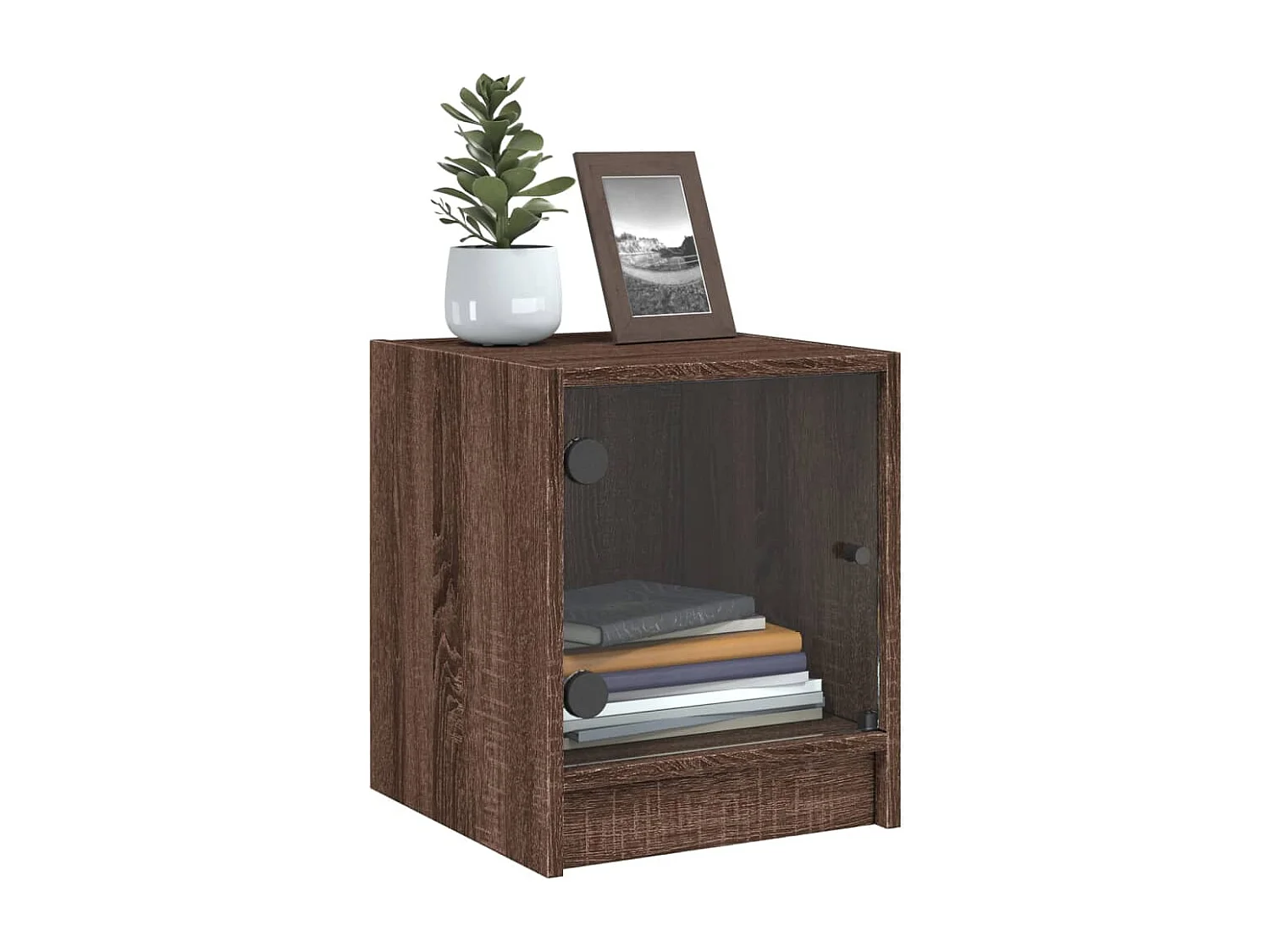 Butte  Table de chevet avec porte en verre chêne marron 35x37x42 cm