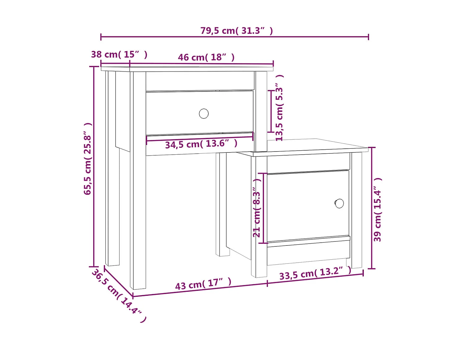 Bailey  Table de chevet Blanc 79,5x38x65,5 cm Bois de pin massif