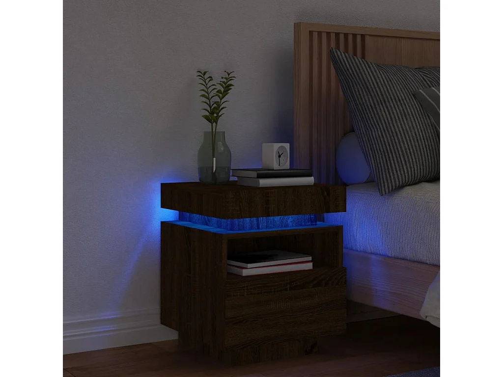 Josane  Armoire de chevet avec lumières LED chêne marron 40x39x48,5 cm