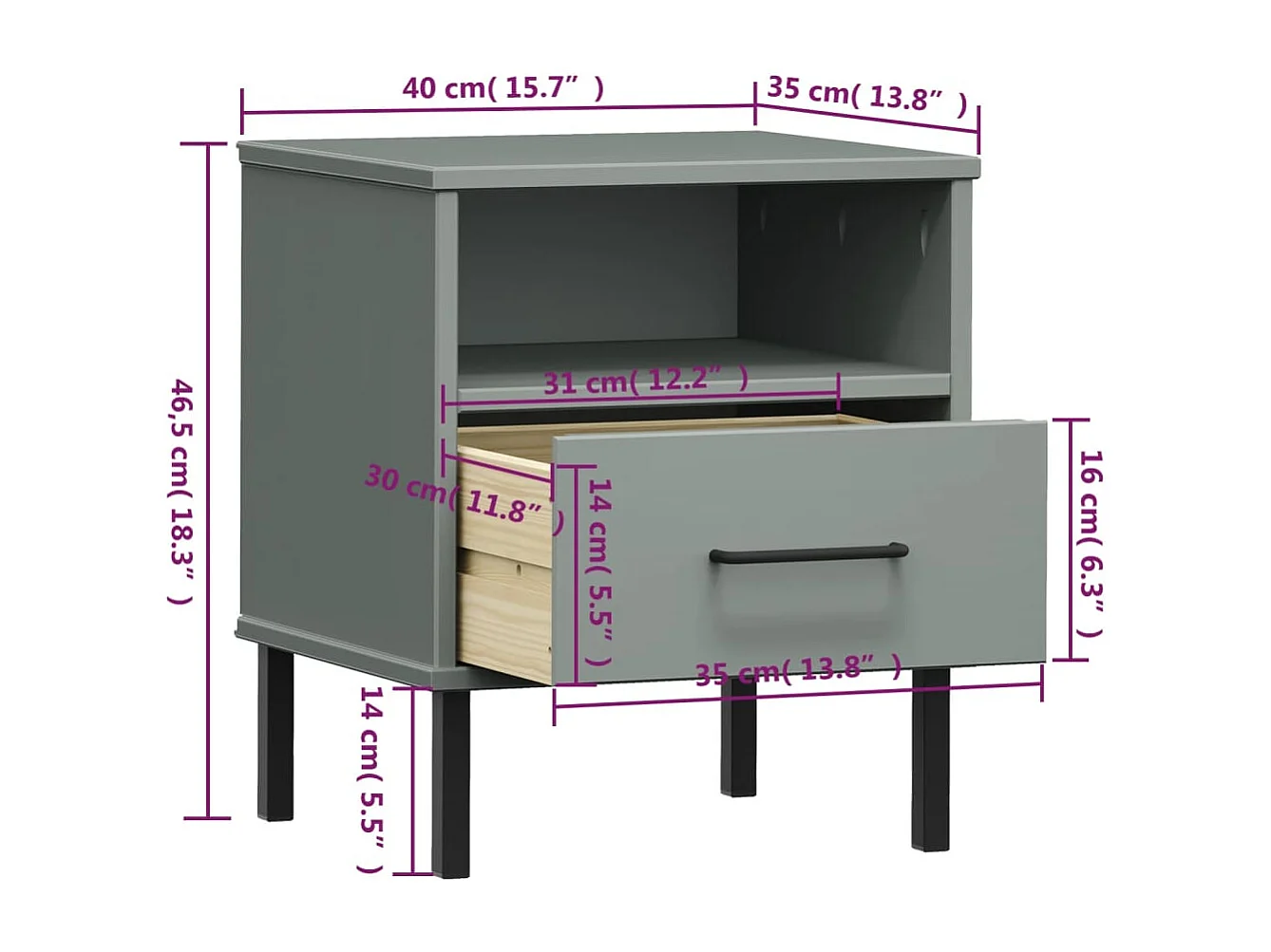 Mjolda  Mesita de noche patas de metal madera maciza pino gris OSLO