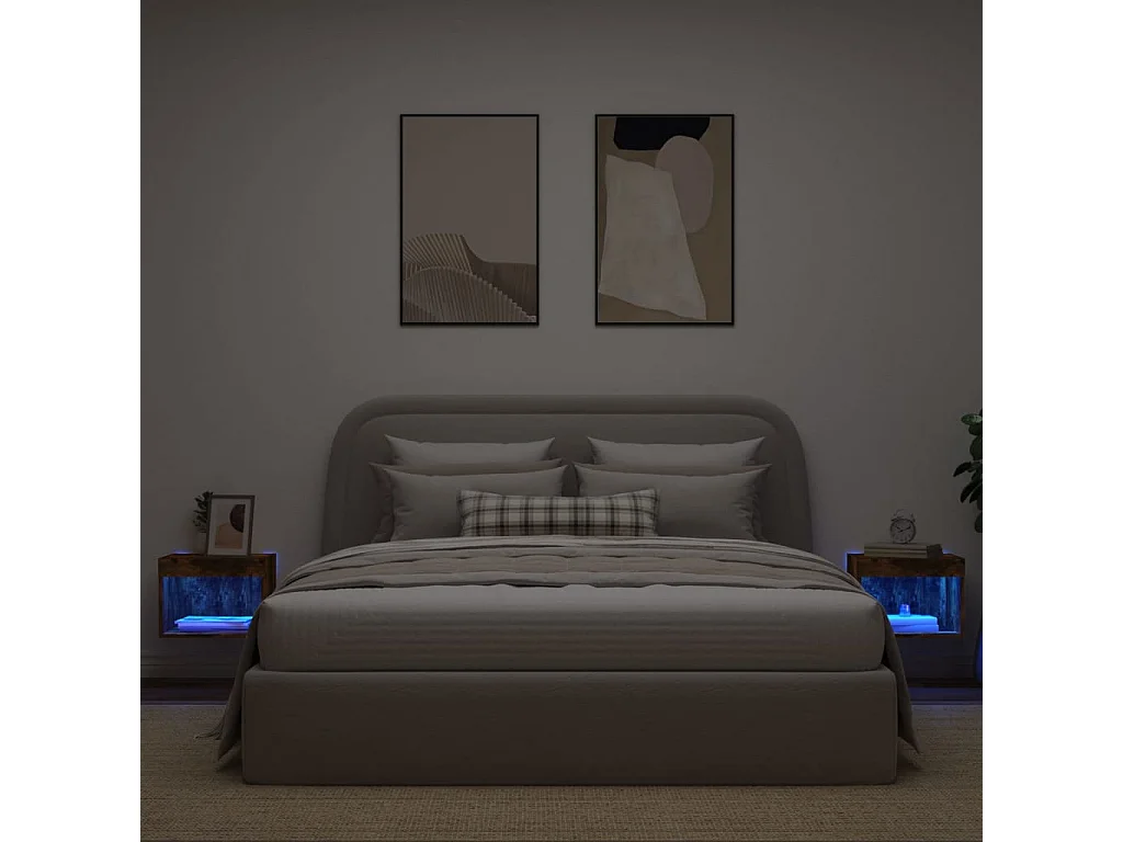 Mano  Tables de chevet murales avec lumières LED 2 pcs chêne fumé