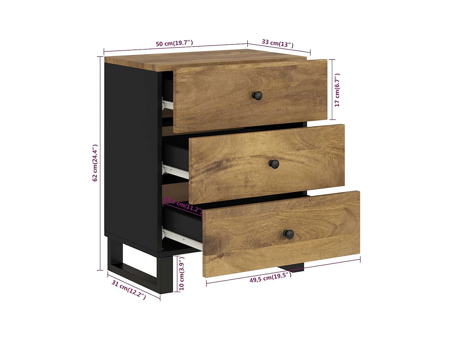Mie  Table de chevet 50x33x62 cm Bois de manguier et d'ingénierie