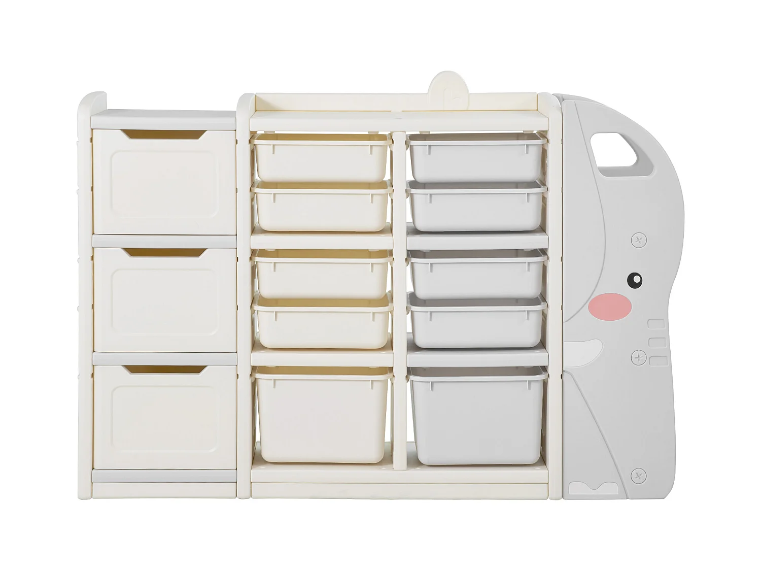 Meuble de Rangement Jouets Enfant SucceBuy, à 4 Niveaux en Forme d'Éléphant, avec 10 Bacs Amovibles en Plastique, pour Salle de Jeux, Crèche, Gris et Beige