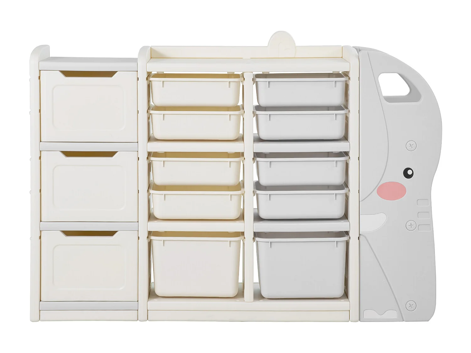 Mobile Contenitore per Giocattoli SucceBuy, a 4 Ripiani a Forma di Elefante, con 10 Contenitori Rimovibili in Plastica, per Sala Giochi, Asilo Nido, Grigio e Beige