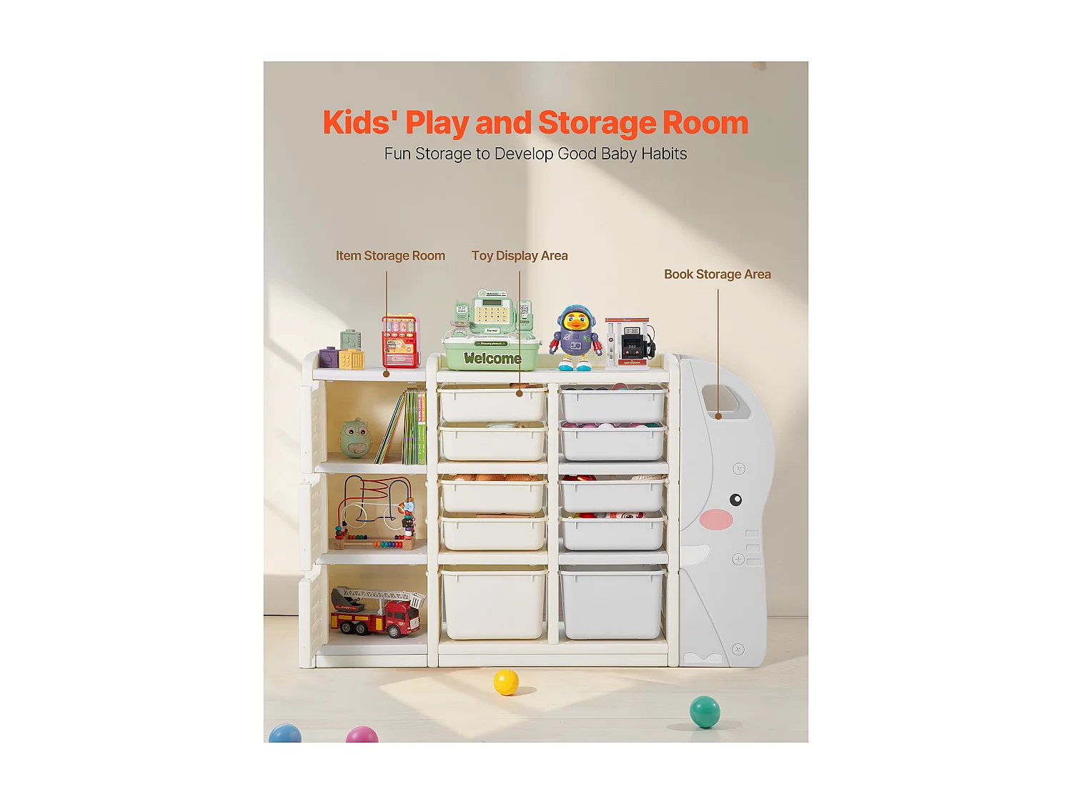 Mobile Contenitore per Giocattoli SucceBuy, a 4 Ripiani a Forma di Elefante, con 10 Contenitori Rimovibili in Plastica, per Sala Giochi, Asilo Nido, Grigio e Beige