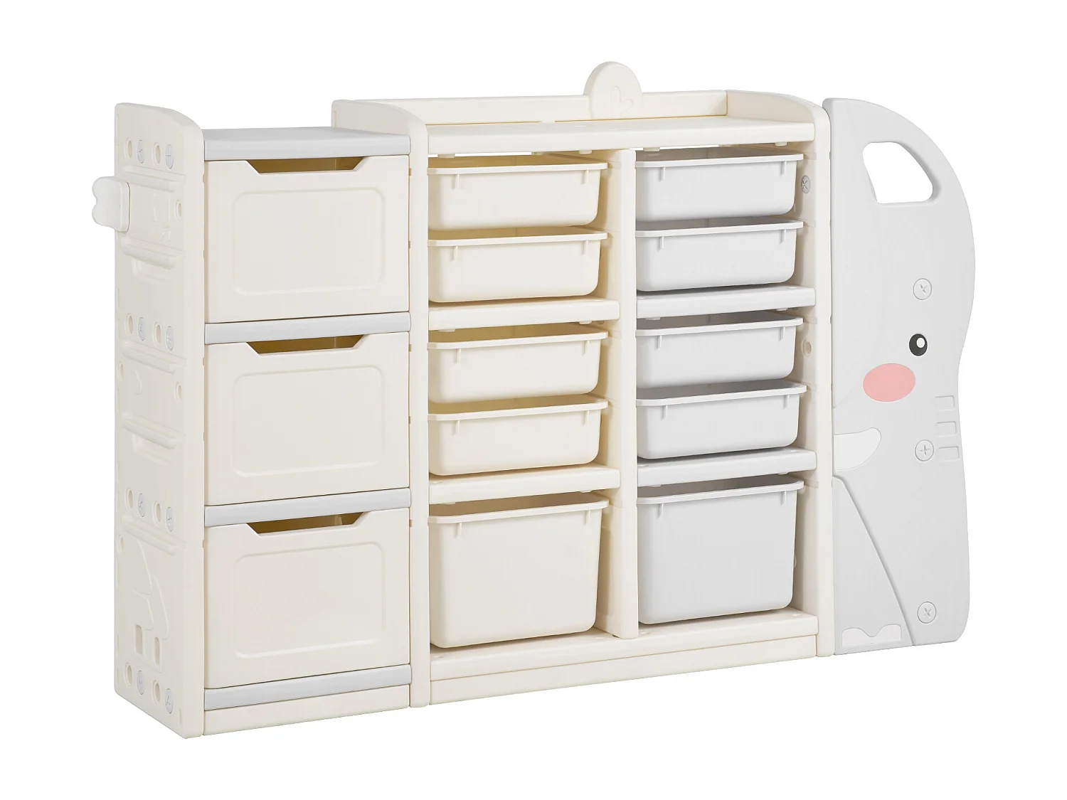 Mobile Contenitore per Giocattoli SucceBuy, a 4 Ripiani a Forma di Elefante, con 10 Contenitori Rimovibili in Plastica, per Sala Giochi, Asilo Nido, Grigio e Beige