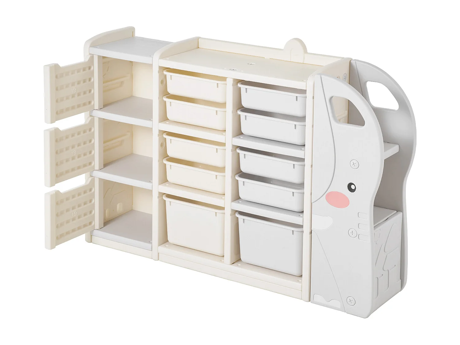 Mobile Contenitore per Giocattoli SucceBuy, a 4 Ripiani a Forma di Elefante, con 10 Contenitori Rimovibili in Plastica, per Sala Giochi, Asilo Nido, Grigio e Beige