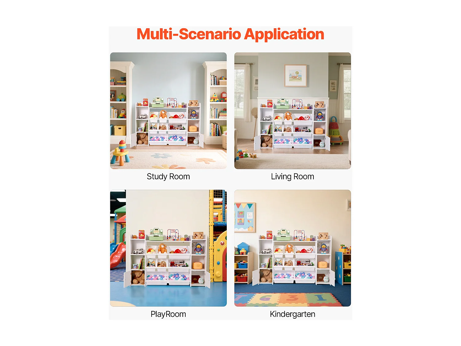 Meuble de Rangement Jouets Enfant SucceBuy, à 4 Niveaux avec Bibliothèque, avec 8 Bacs en Plastique Flexibles, pour Salle d’Étude, Salle de Jeux, Blanc