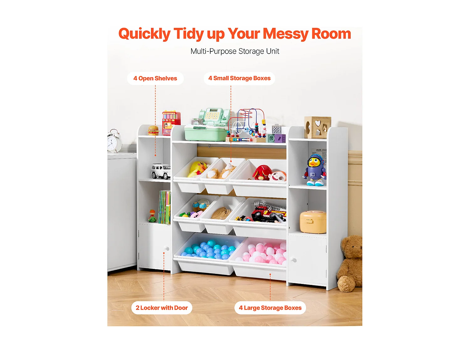 Meuble de Rangement Jouets Enfant SucceBuy, à 4 Niveaux avec Bibliothèque, avec 8 Bacs en Plastique Flexibles, pour Salle d’Étude, Salle de Jeux, Blanc