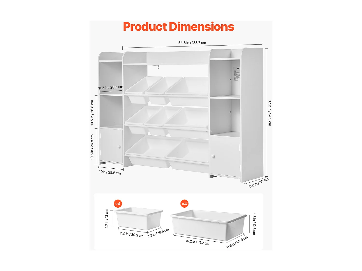 Meuble de Rangement Jouets Enfant SucceBuy, à 4 Niveaux avec Bibliothèque, avec 8 Bacs en Plastique Flexibles, pour Salle d’Étude, Salle de Jeux, Blanc