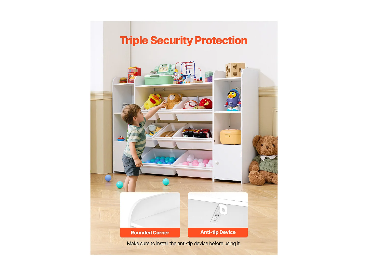 Meuble de Rangement Jouets Enfant SucceBuy, à 4 Niveaux avec Bibliothèque, avec 8 Bacs en Plastique Flexibles, pour Salle d’Étude, Salle de Jeux, Blanc