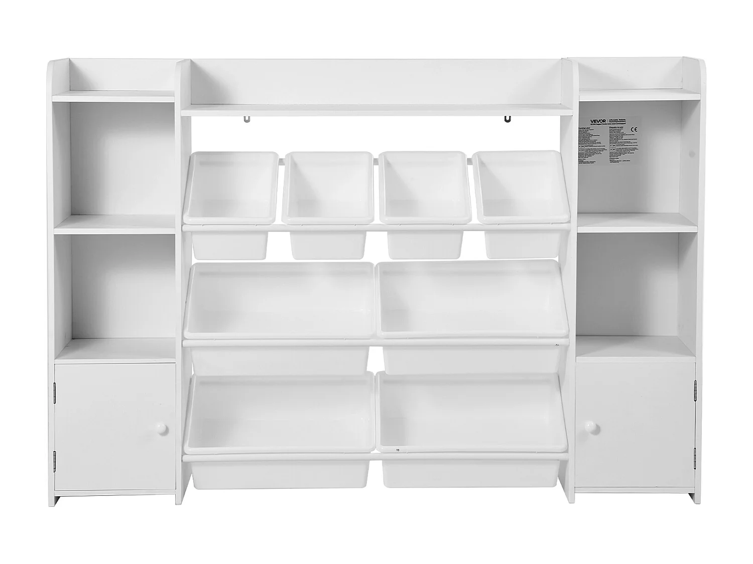 Meuble de Rangement Jouets Enfant SucceBuy, à 4 Niveaux avec Bibliothèque, avec 8 Bacs en Plastique Flexibles, pour Salle d’Étude, Salle de Jeux, Blanc