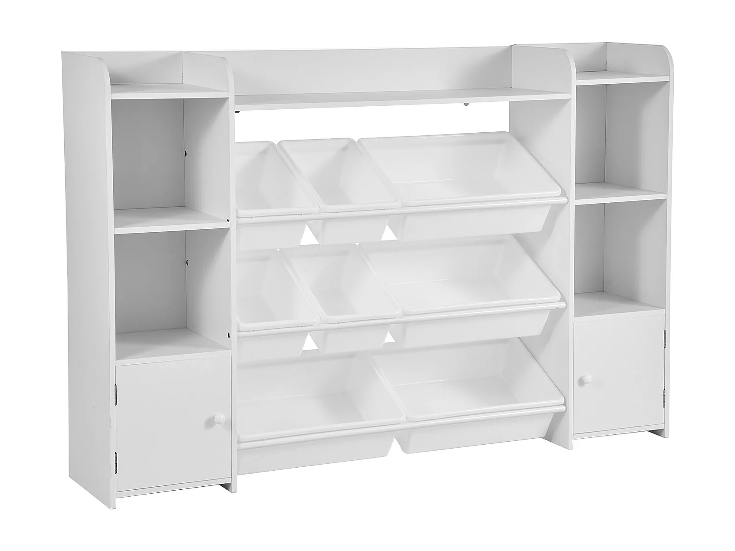 Meuble de Rangement Jouets Enfant SucceBuy, à 4 Niveaux avec Bibliothèque, avec 8 Bacs en Plastique Flexibles, pour Salle d’Étude, Salle de Jeux, Blanc