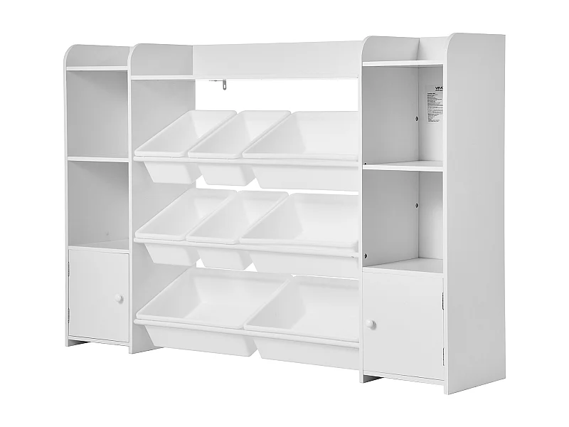 Meuble de Rangement Jouets Enfant SucceBuy, à 4 Niveaux avec Bibliothèque, avec 8 Bacs en Plastique Flexibles, pour Salle d’Étude, Salle de Jeux, Blanc