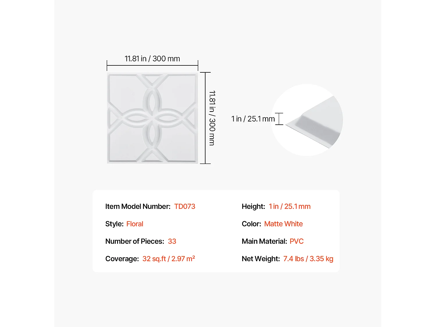 Painéis de Parede 3D SucceBuy, Kit com 33, 30 x 30 cm, PVC com Motivo Floral, Branco, Cobertura de 3 m²