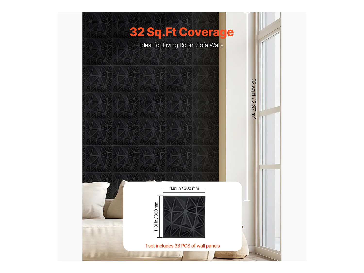 Panneaux Muraux 3D SucceBuy, Lot de 33, 30 x 30 cm, PVC, Noir, Couverture de 3 m²