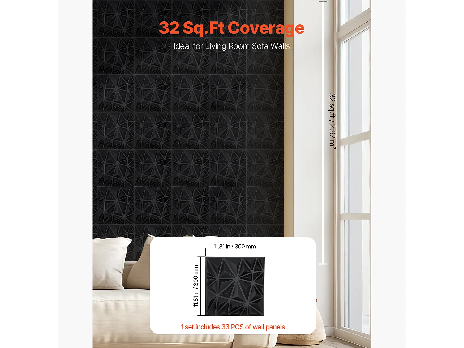 Panneaux Muraux 3D SucceBuy, Lot de 33, 30 x 30 cm, PVC, Noir, Couverture de 3 m²