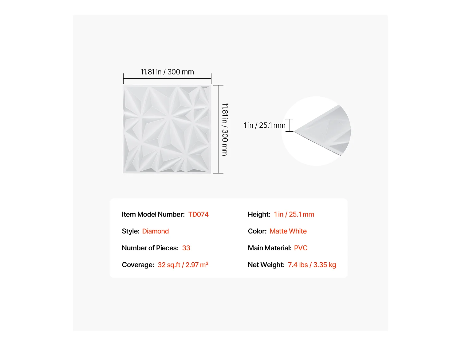 Panneaux Muraux 3D SucceBuy, Lot de 33, 30 x 30 cm, PVC, Couverture de 3 m² Blanc Diamant