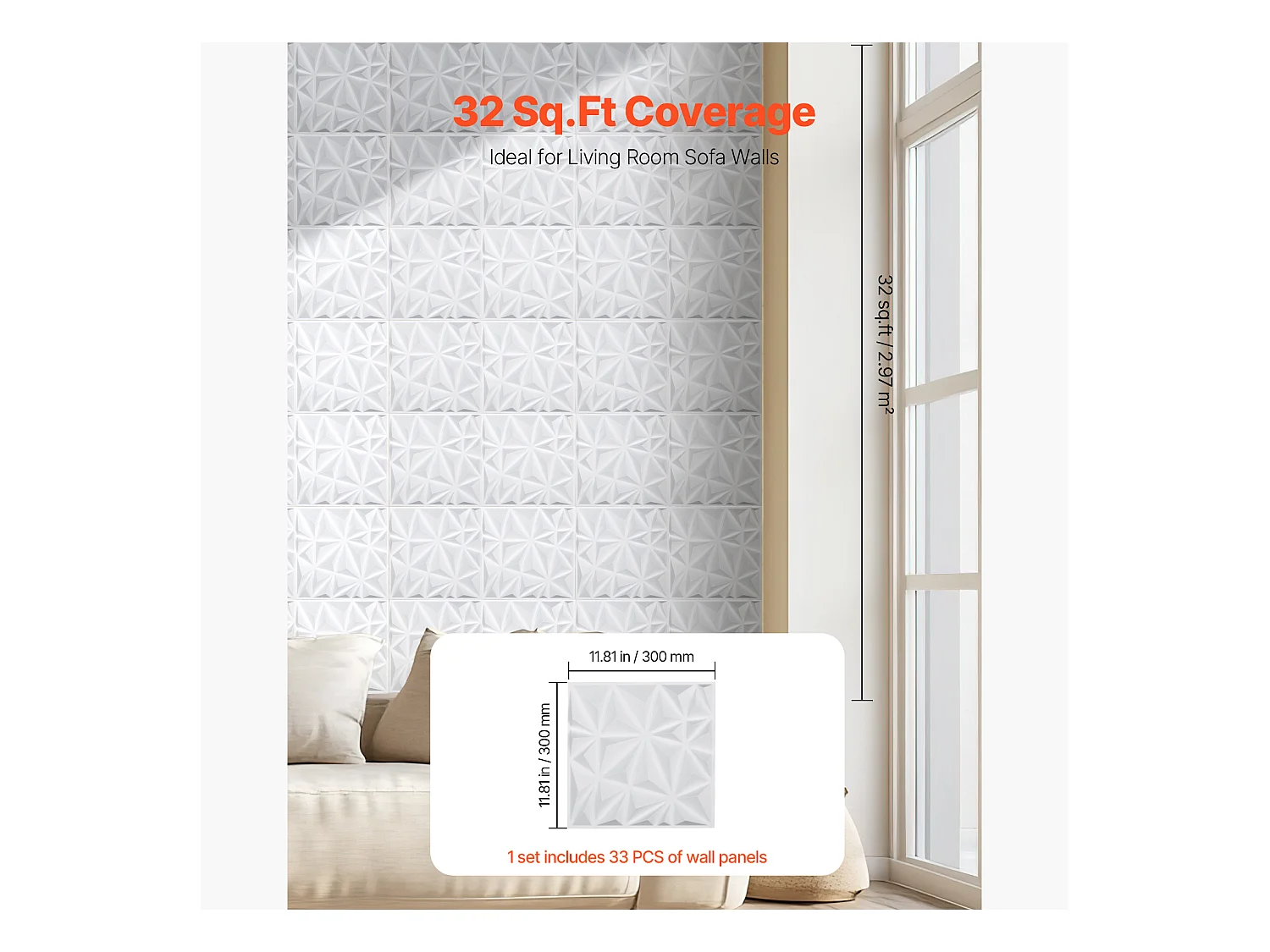 Panneaux Muraux 3D SucceBuy, Lot de 33, 30 x 30 cm, PVC, Couverture de 3 m² Blanc Diamant