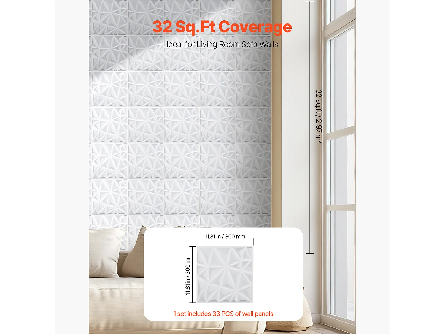 Panneaux Muraux 3D SucceBuy, Lot de 33, 30 x 30 cm, PVC, Couverture de 3 m² Blanc Diamant