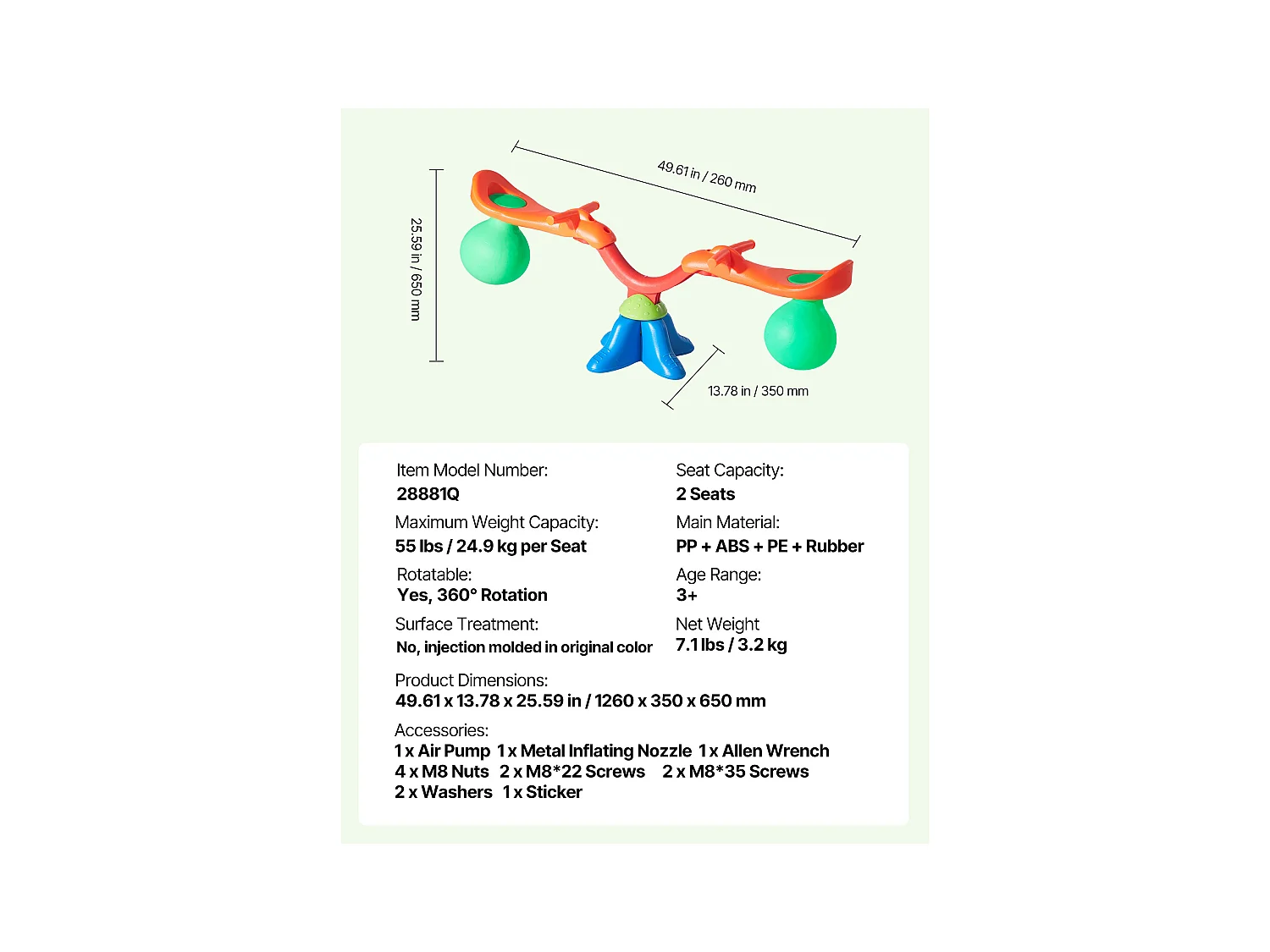 Huśtawka SucceBuy, Nośność 24,9 kg na Siedzisko, Sprzęt do Zabawy na Świeżym Powietrzu, dla 2 Dzieci w Wieku 3 Lat i Starszych