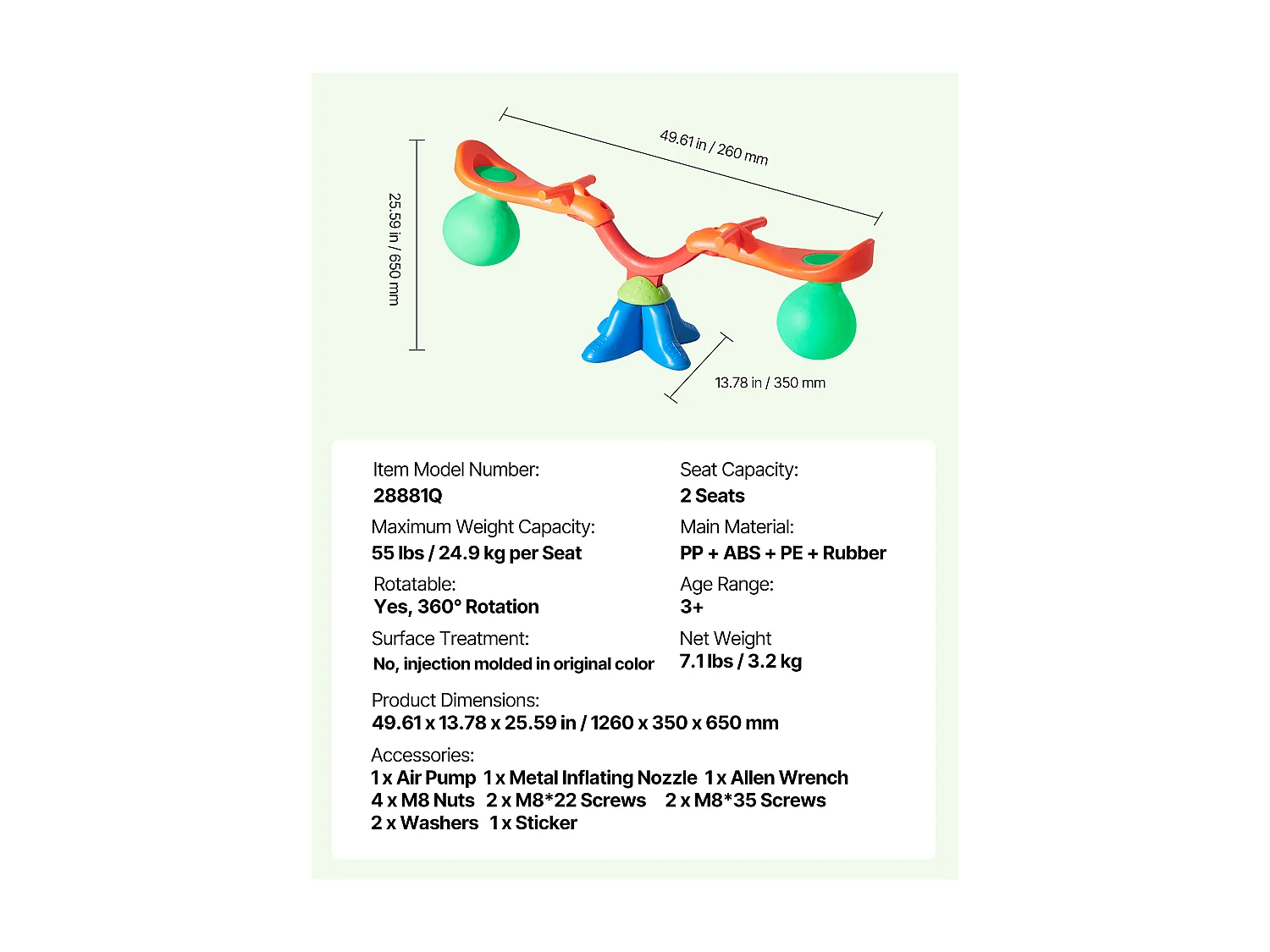 Balançoire à Bascule SucceBuy, Capacité de Charge 24,9 kg par Siège, Équipement de Jeu Extérieur Rebondissant, pour 2 Enfants de 3 Ans et Plus