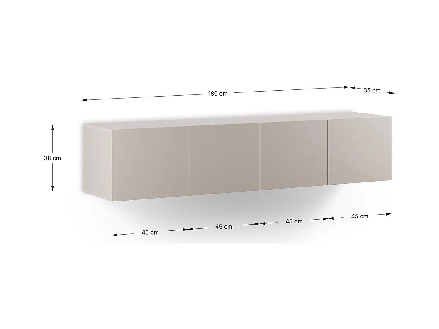 Meuble TV, Meuble de salon avec 4 portes aspect bois coloris crème - Longueur 180 x Profondeur 35 x Hauteur 38 cm