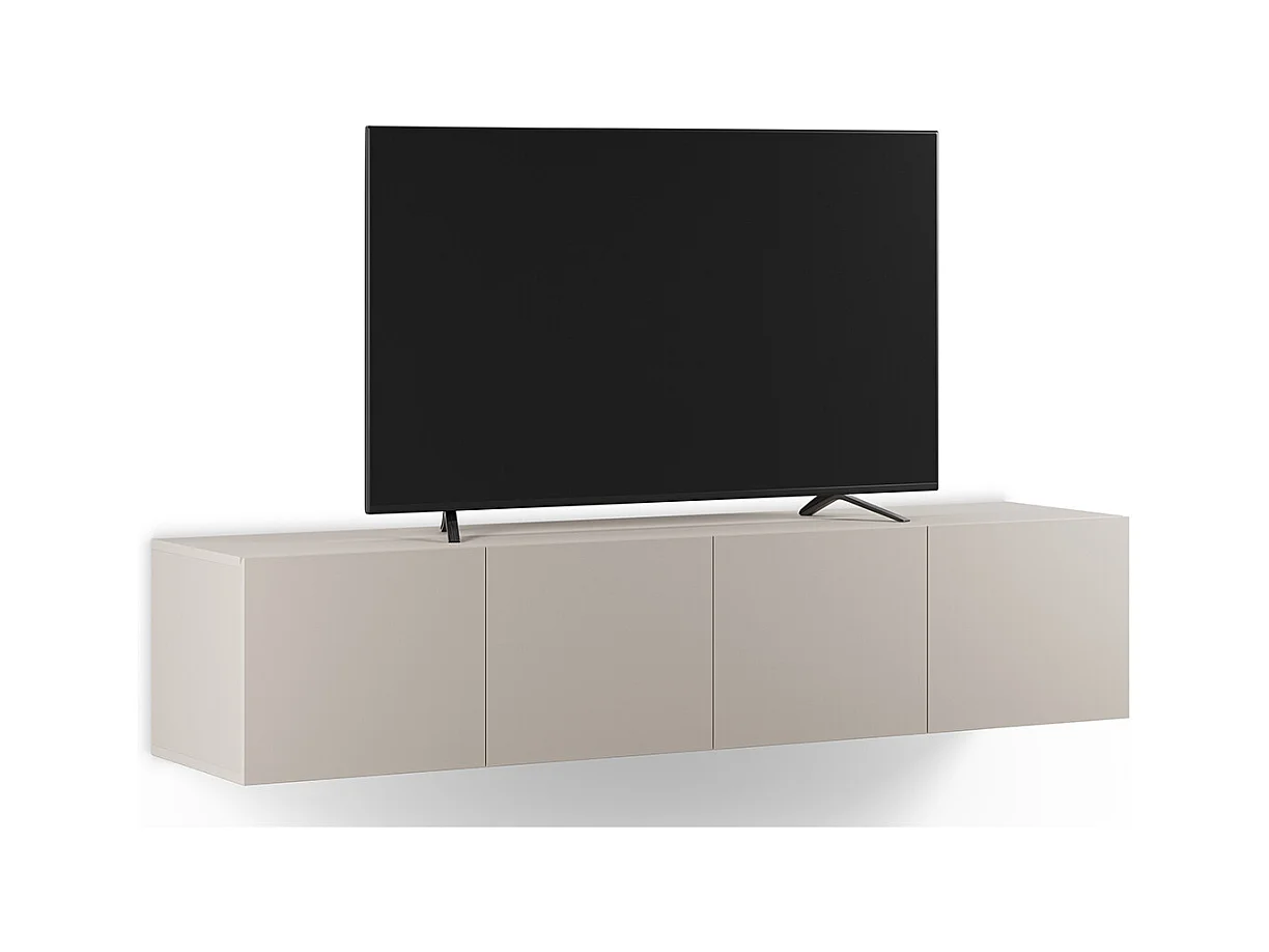 Meuble TV, Meuble de salon avec 4 portes aspect bois coloris crème - Longueur 180 x Profondeur 35 x Hauteur 38 cm