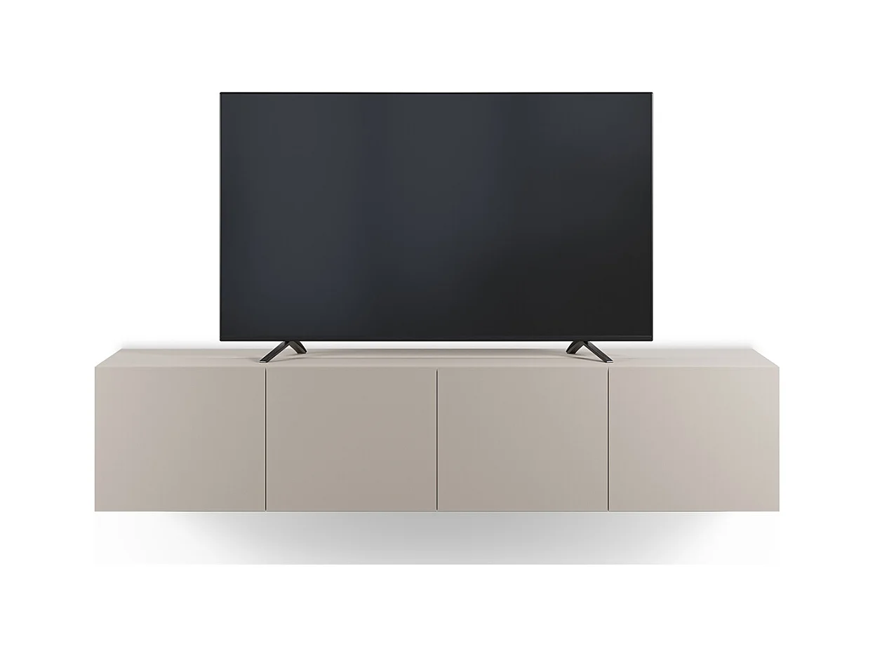 Meuble TV, Meuble de salon avec 4 portes aspect bois coloris crème - Longueur 180 x Profondeur 35 x Hauteur 38 cm