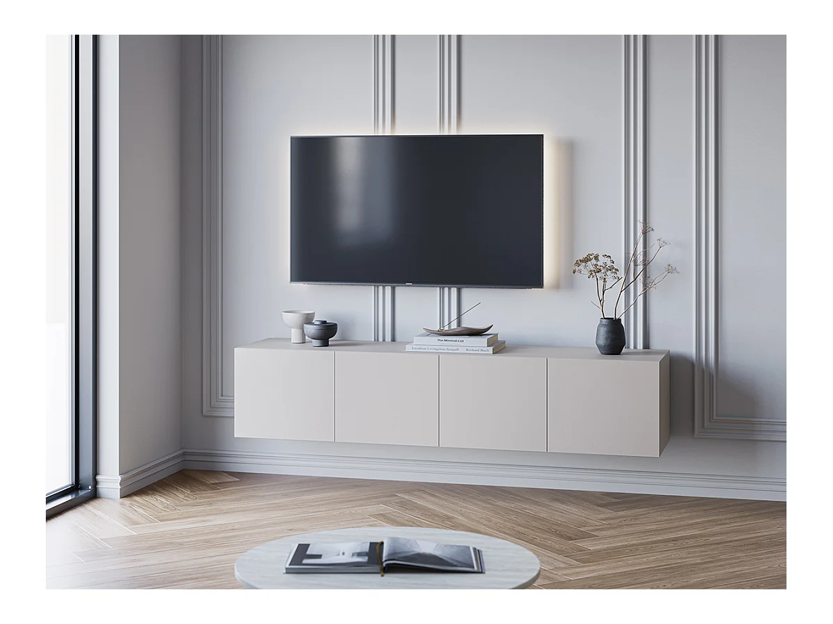 Meuble TV, Meuble de salon avec 4 portes aspect bois coloris crème - Longueur 180 x Profondeur 35 x Hauteur 38 cm