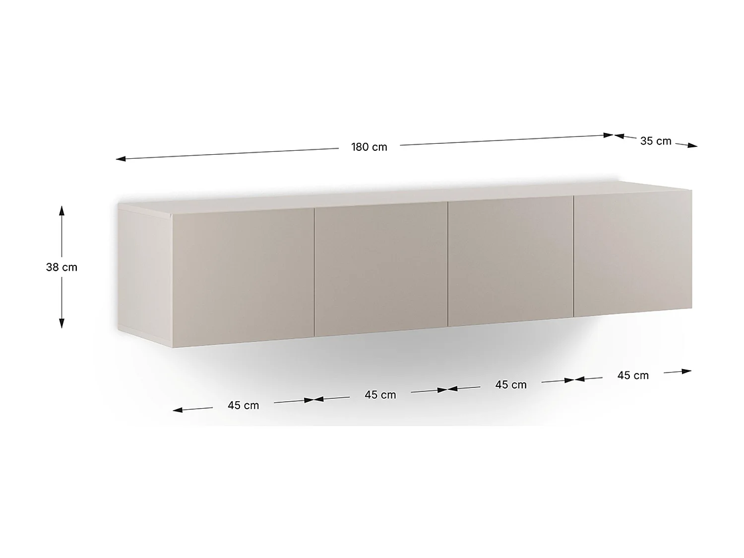 Meuble TV, Meuble de salon avec 4 portes aspect bois coloris crème - Longueur 180 x Profondeur 35 x Hauteur 38 cm